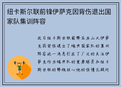 纽卡斯尔联前锋伊萨克因背伤退出国家队集训阵容